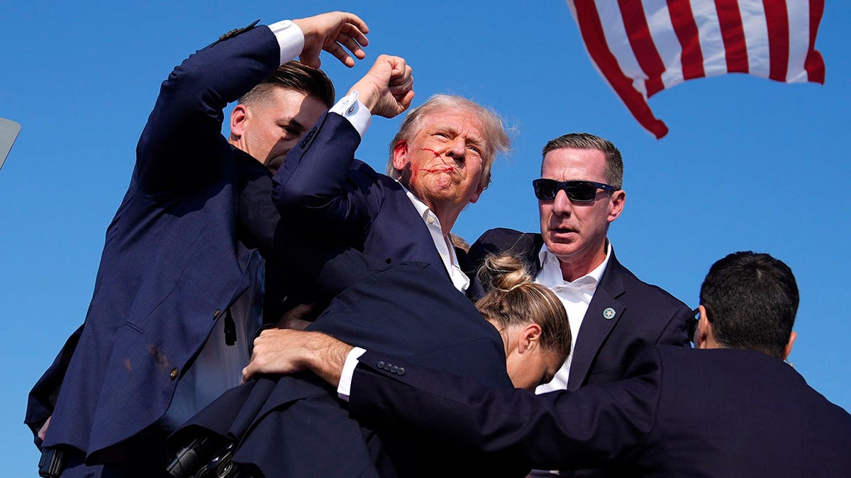Former President Donald Trump pumping fist with blood on face surrounded by Secret Service agents at rally