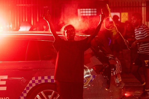 Community members protest outside the Alice Springs Hospital.