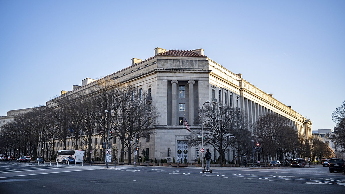 Exterior of the U.S. Department of Justice headquarters in Washington, D.C., related to a federal lawsuit over New Jersey tuition policies.