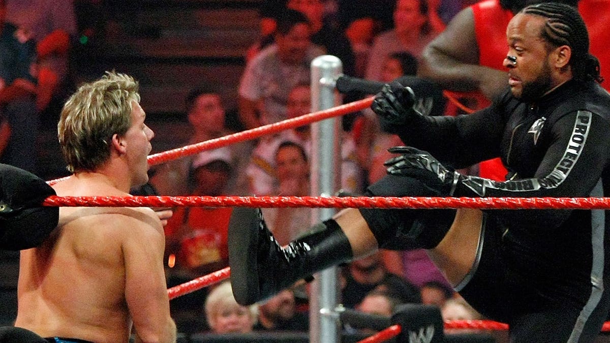 Wrestlers Chris Jericho and MVP competing in a wrestling match at the Thomas & Mack Center in Las Vegas