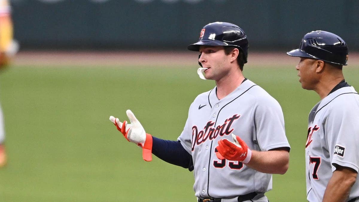 Colt Keith of the Detroit Tigers reacting during a baseball game at Truist Park in Atlanta