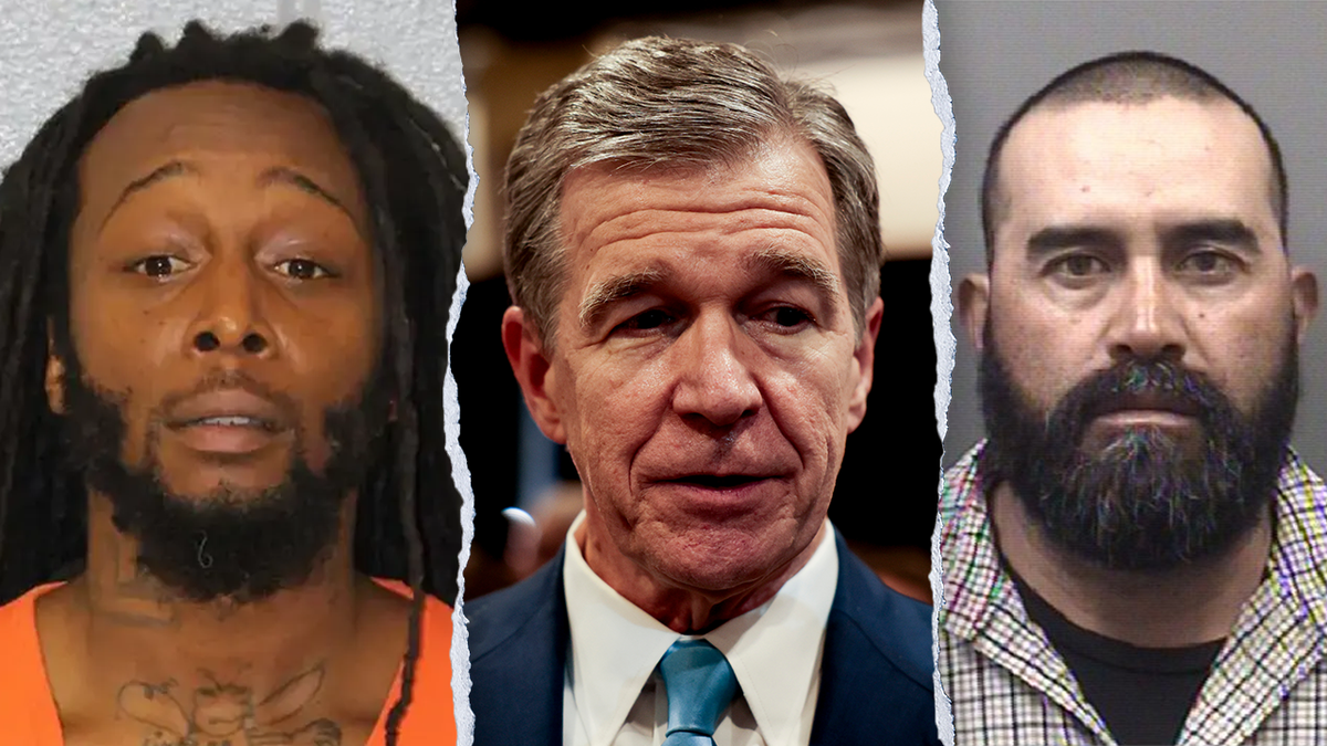 Former North Carolina Gov. Roy Cooper with booking photos of suspects in criminal cases