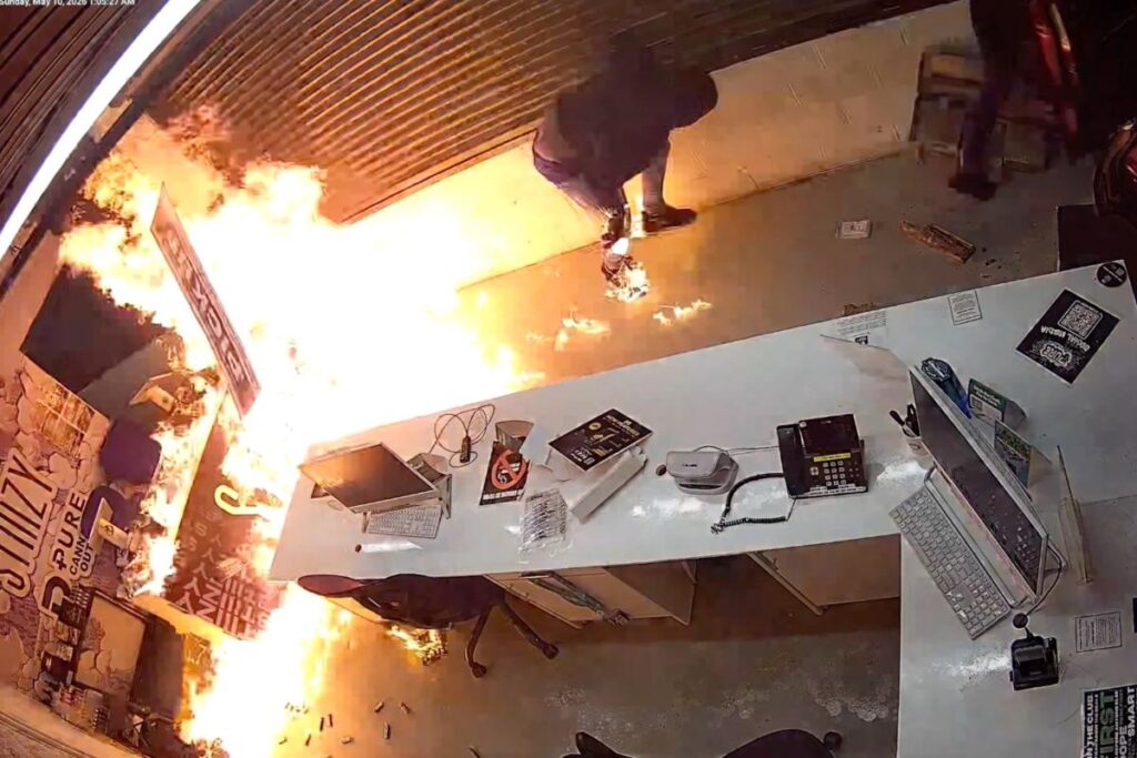 Wild video shows burglar going up in flames while trying to torch cannabis dispensary
