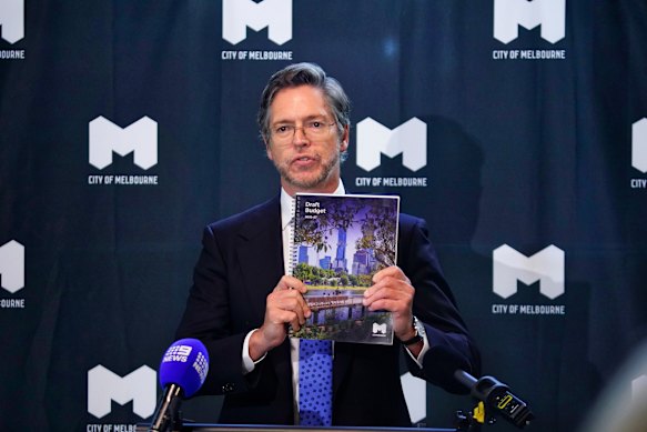 Lord Mayor Nick Reece with the City of Melbourne’s budget which does not mention the Tianjin office. 