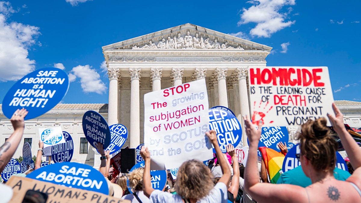 Activists for and against abortion demonstrating outside the Supreme Court building in Washington, D.C.