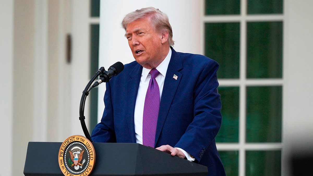 President Donald Trump speaking in the White House Rose Garden