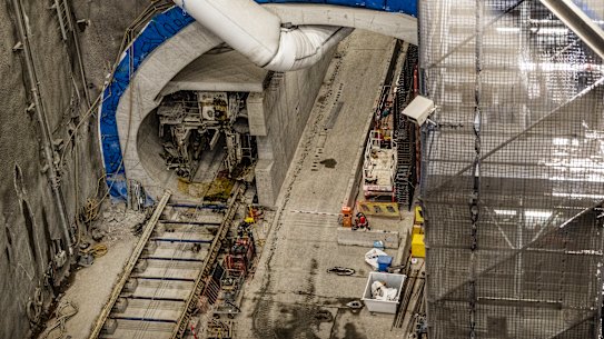 Construction continues at the Westmead metro station site on Friday.