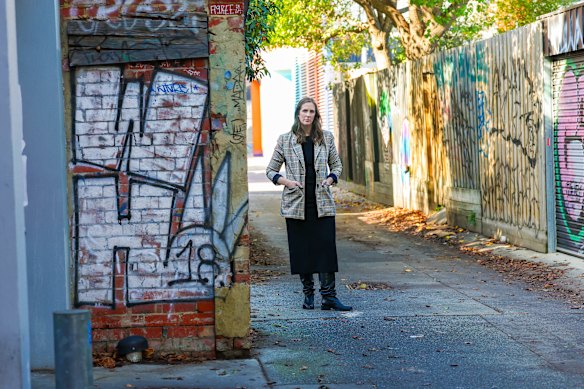 Port Phillip Councillor Libby Buckingham stands in a laneway that has become a popular spot for the homeless. Buckingham opposes the new local laws. 