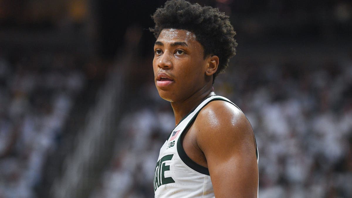 Jeremy Fears Jr. of the Michigan State Spartans looks on during the first half of a game against Michigan. (Photo by Aaron J. Thornton/Getty Images)