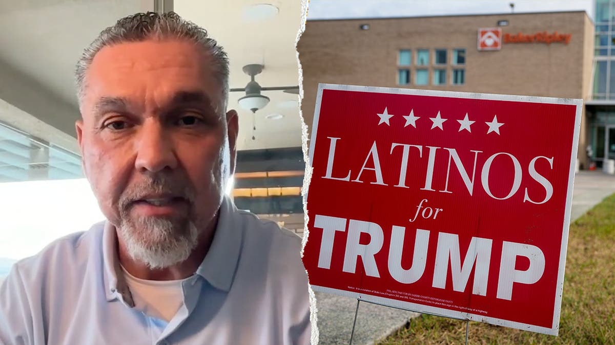 Greg Cunningham, left, pictured next to a 'Latinos for Trump' sign, right.