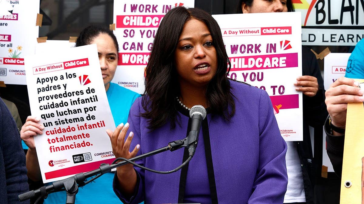 Ward 4 Councilmember Janeese Lewis George speaking at a childcare rally in Washington, D.C.
