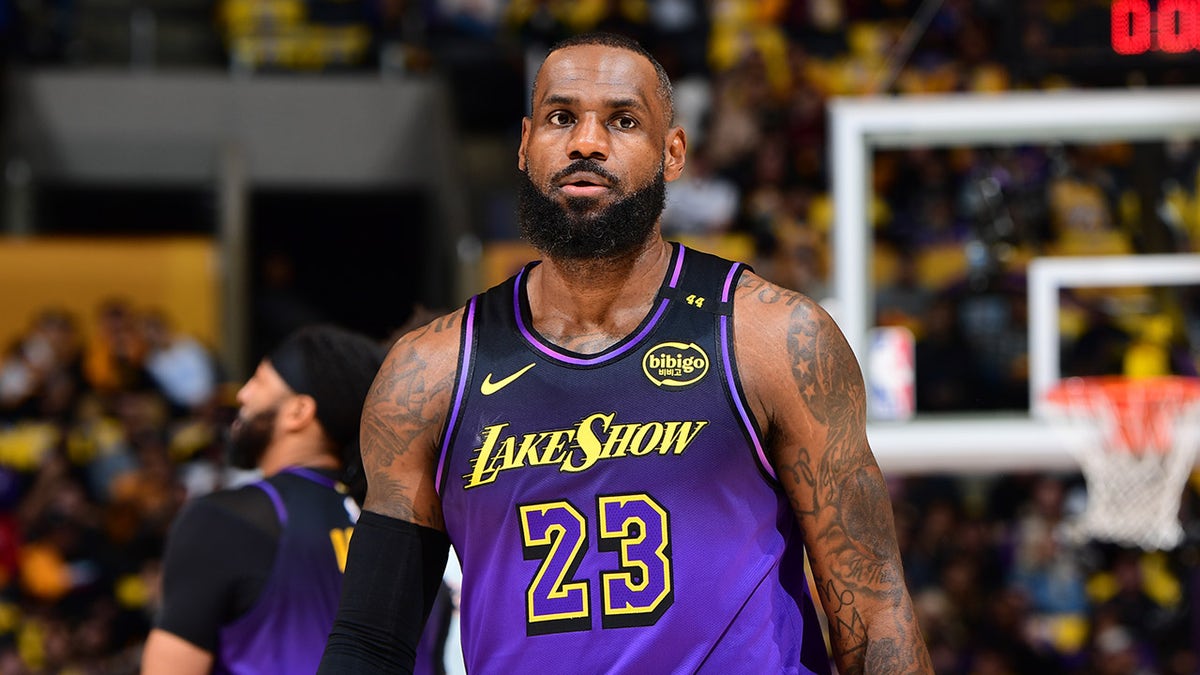 LeBron James of the Los Angeles Lakers looking on during a basketball game at Crypto.Com Arena