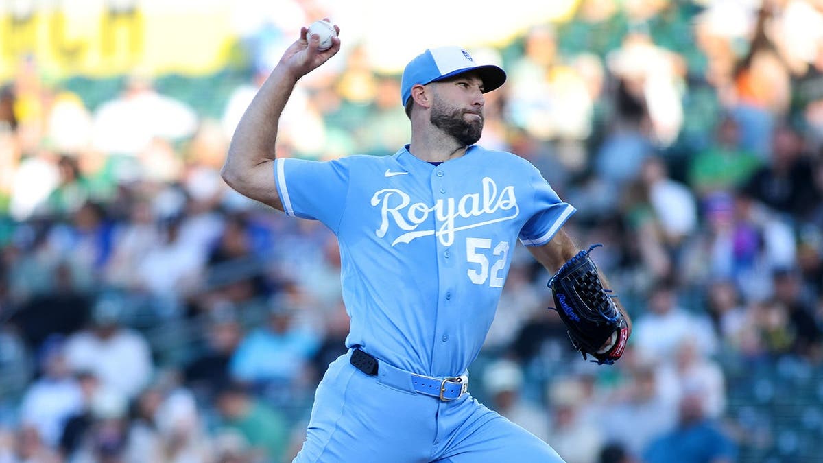 Kansas City Royals pitcher Michael Wacha throwing a pitch during a baseball game