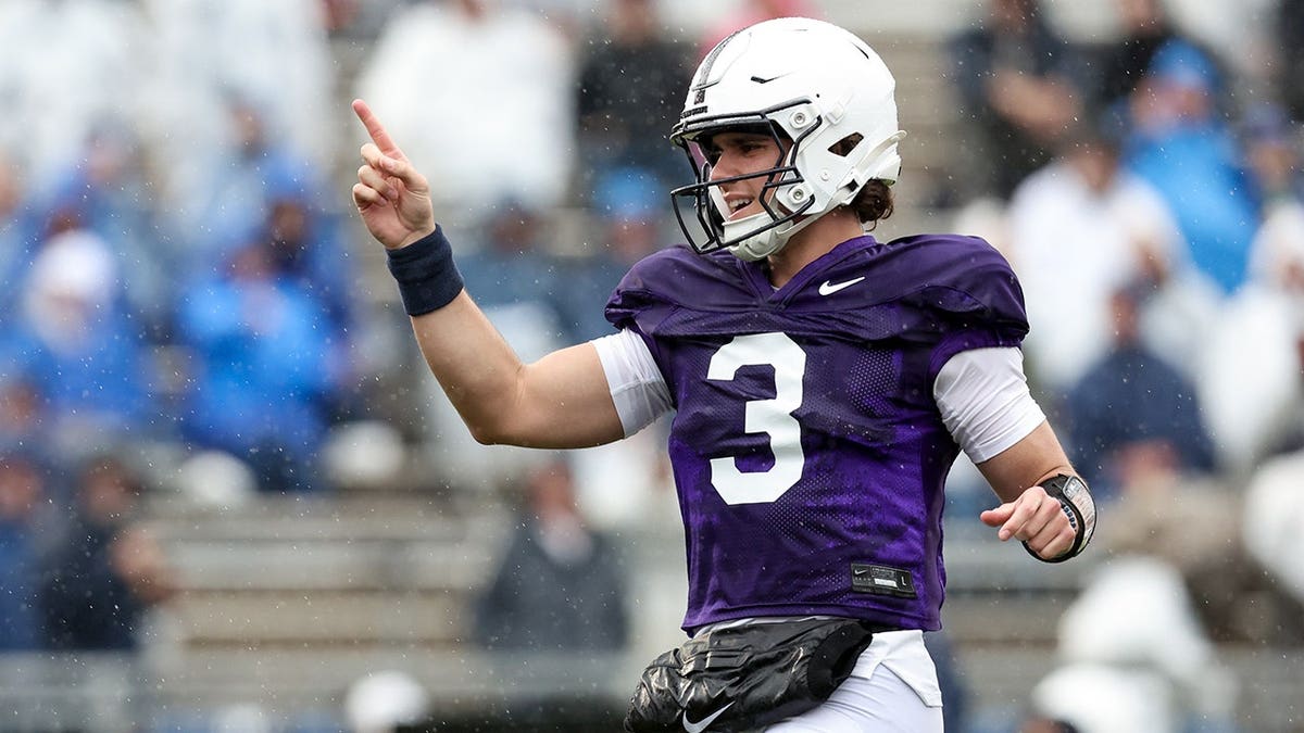 Penn State quarterback Rocco Becht reacting during a spring football game at Beaver Stadium