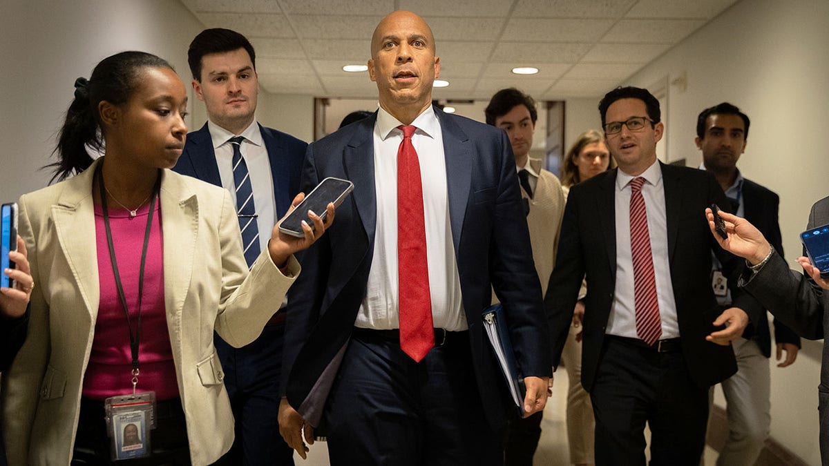 Sen. Cory Booker speaking to reporters at the U.S. Capitol in Washington, D.C.