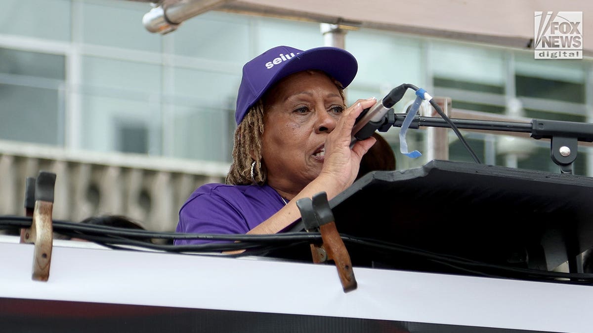 Union rep Carmen Roberts speaking at May Day march in Los Angeles