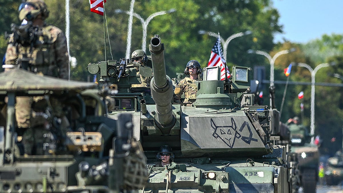 U.S. Army M1 Abrams tanks participating in Armed Forces Day parade in Warsaw, Poland