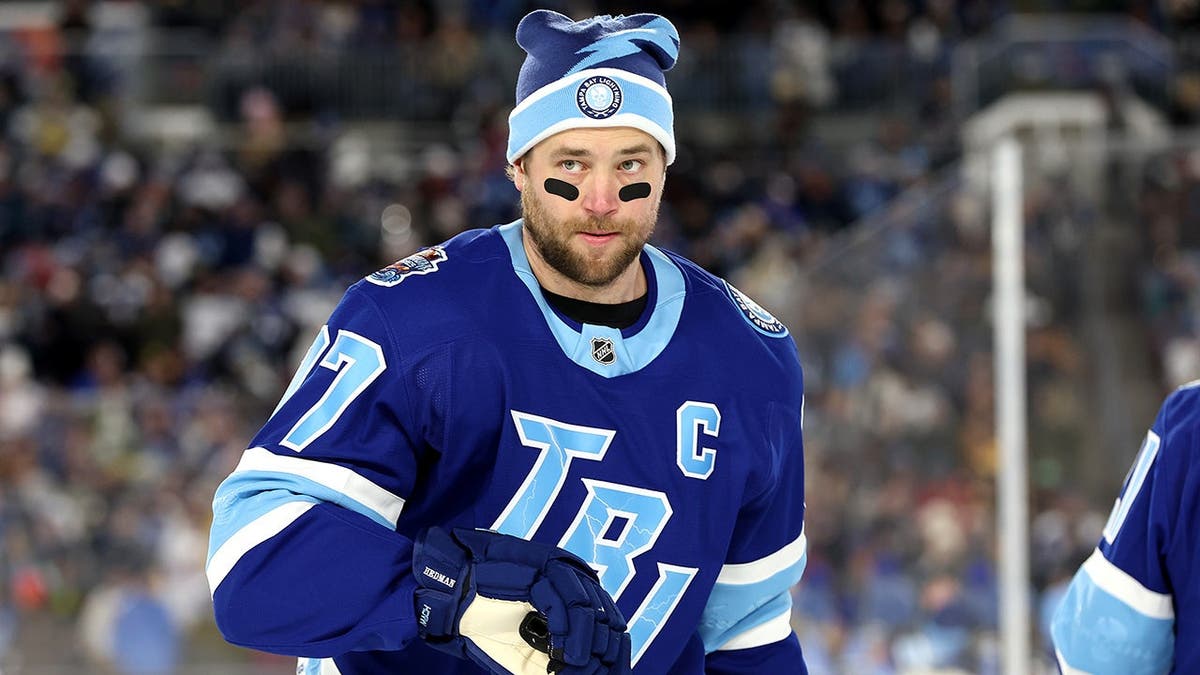 Victor Hedman skating on ice during warmup in Tampa Bay Stadium Series game