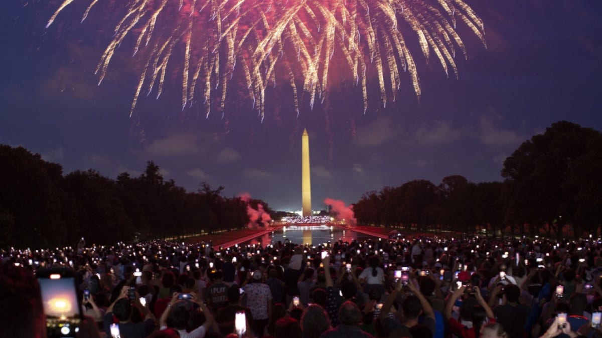 Attendees watching Independence Day fireworks display along the National Mall in Washington, D.C.