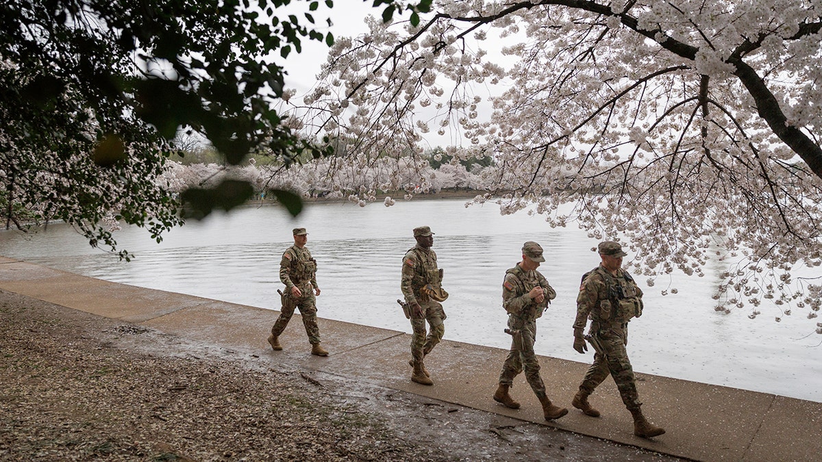 Members of the Mississippi National Guard patrolling near cherry blossom trees along the tidal basin