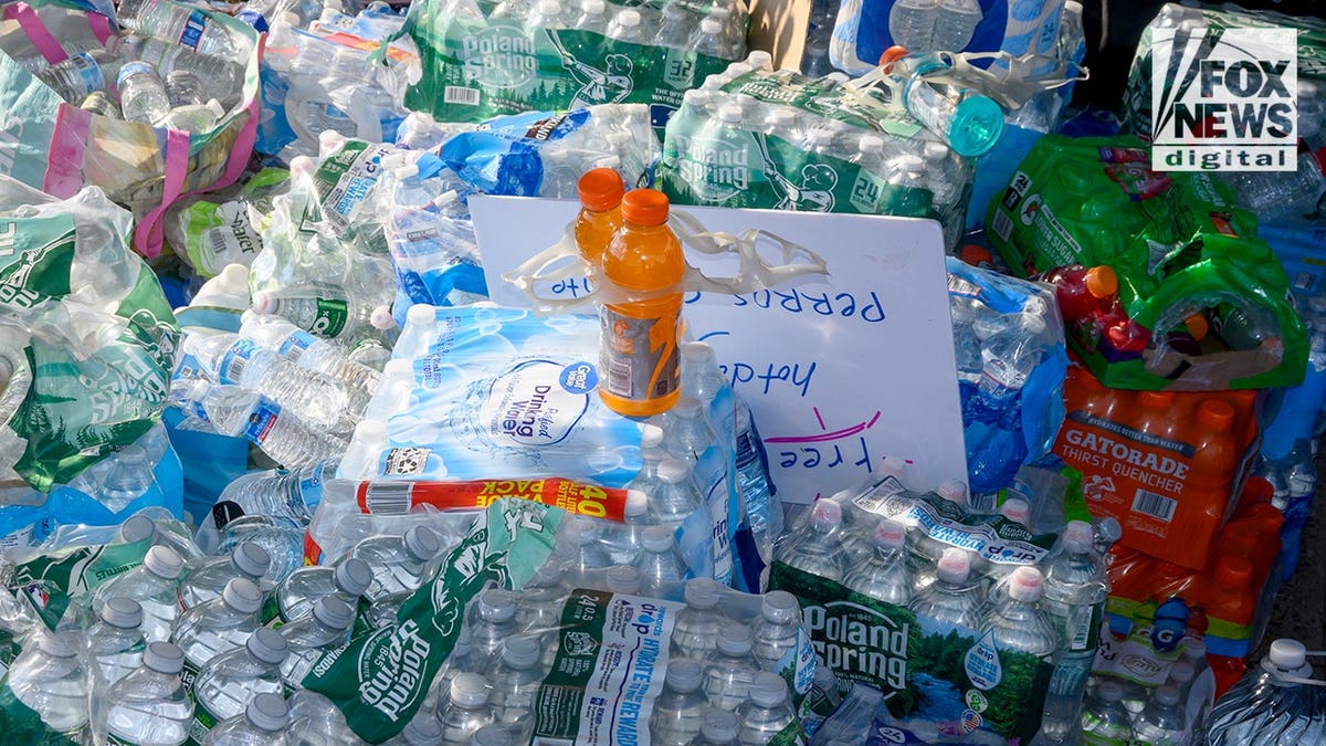 Water bottles stacked up for rioters in an organized demonstration that led to a clash with police.