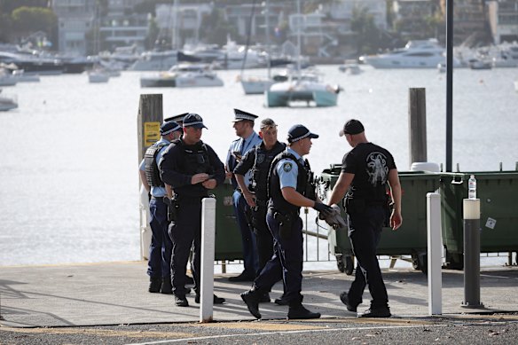 Police at Rose Bay ferry wharf, where shark victim Nico Antic was treated by paramedics after being ferried from Vaucluse by Water Police 41.
