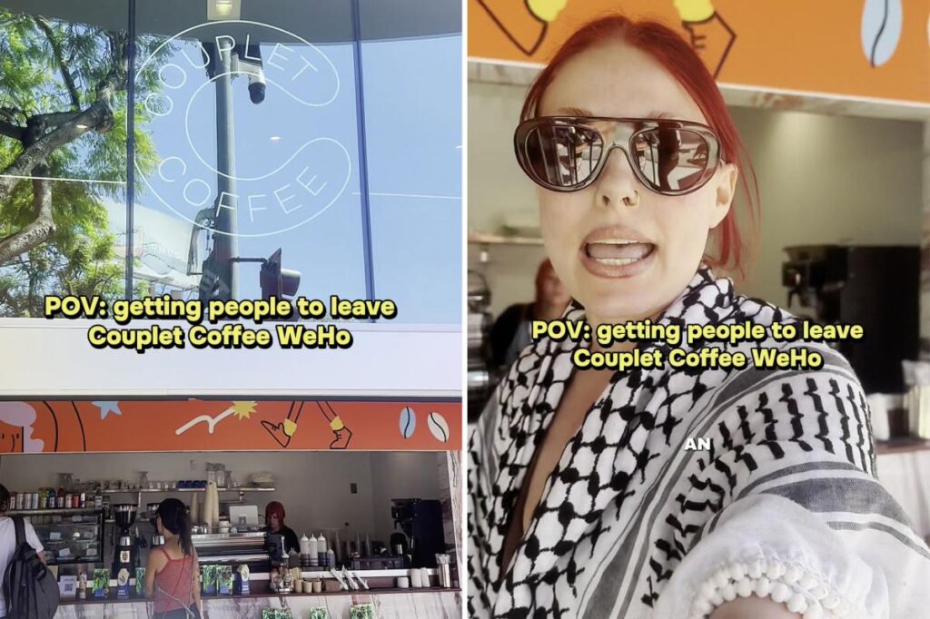 Pro-Palestine agitator films herself howling at customers to leave Israeli-owned coffee chain in LA Pro-Palestine agitator films herself howling at customers to leave Israeli-owned coffee chain in LA