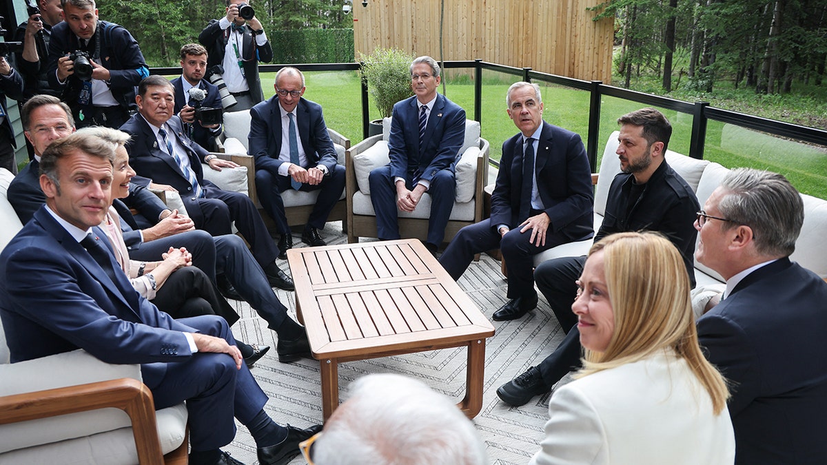 French President Emmanuel Macron, European Commission President Ursula Von der Leyen, NATO Secretary General Mark Rutte, Japanese Prime Minister Shigeru Ishiba, German Chancellor Friedrich Merz, U.S. Secretary of Treasury Scott Bessent, Canadian Prime Minister Mark Carney, Ukrainian President Volodymyr Zelenskyy, British Prime Minister Keir Starmer, and Italian Prime Minister Giorgia Meloni meeting at the G7 Summit in Kananaskis, Alberta