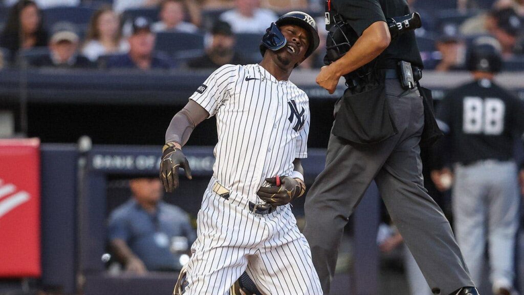 Jazz Chisholm Jr. exits Yankees game after fouling pitch directly into his groin in painful scene Jazz Chisholm Jr. exits Yankees game after fouling pitch directly into his groin in painful scene
