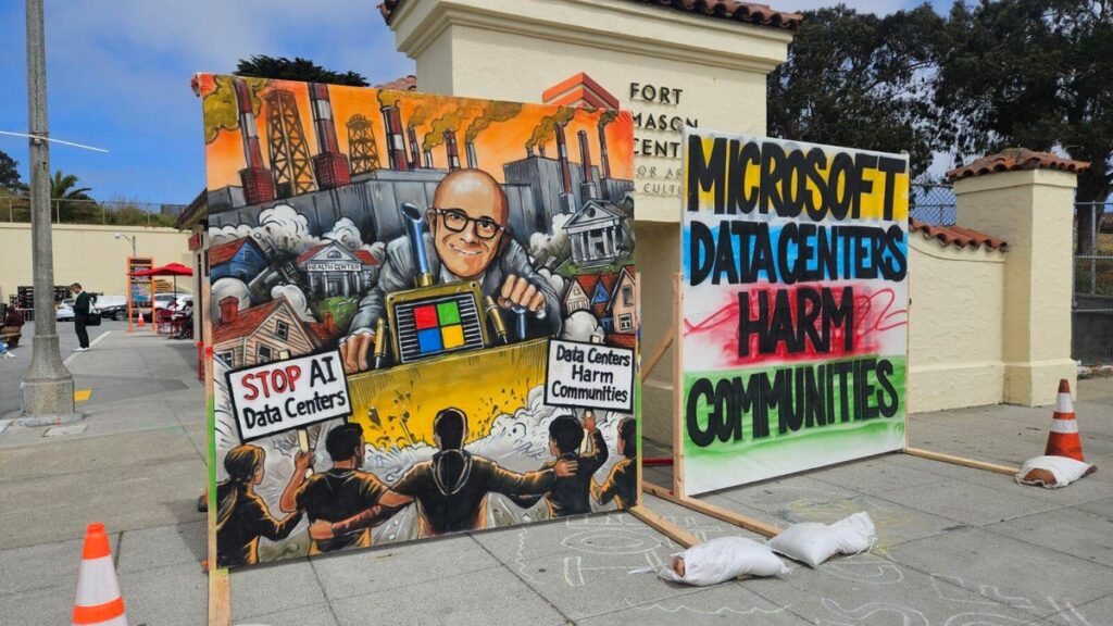 As Microsoft Took the Stage, AI Data Center Protesters Took to the Street As Microsoft Took the Stage, AI Data Center Protesters Took to the Street