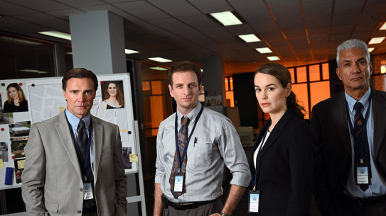 The Macro Taskforce team in The Claremont Murders: Jeremy Lindsay Taylor, Aaron Glenane, Laura Gordon and Dalip Sondhi.