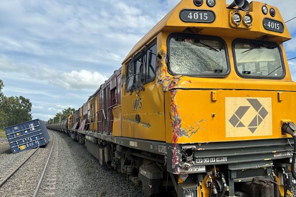 A coal train struck a shipping container lying across the tracks after a freight train derailed in 2023.