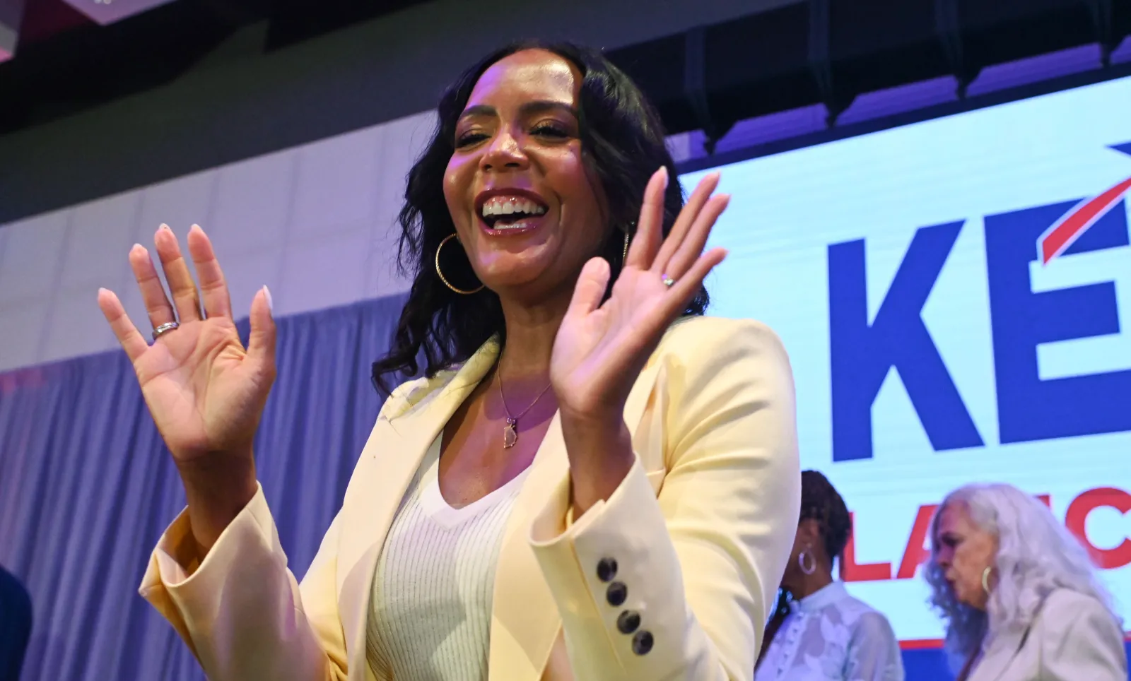 Georgia gubernatorial candidate Keisha Lance Bottoms waves to supporters after winning the Democratic nomination, during her election night watch party on May 19 in Atlanta. (Natrice Miller/Atlanta Journal-Constitution via AP)