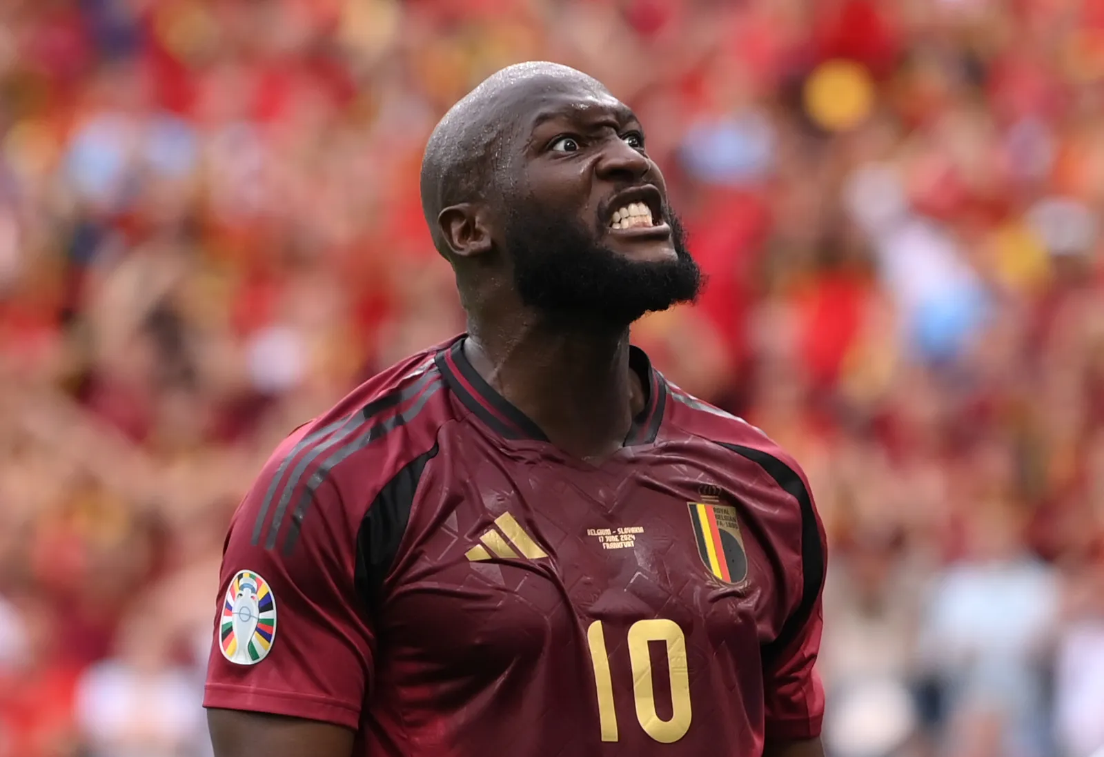 FRANKFURT AM MAIN, GERMANY - JUNE 17: Romelu Lukaku of Belgium reacts after a missed chance during the UEFA EURO 2024 group stage match between Belgium and Slovakia at Frankfurt Arena on June 17, 2024 in Frankfurt am Main, Germany. (Photo by Stu Forster/Getty Images)