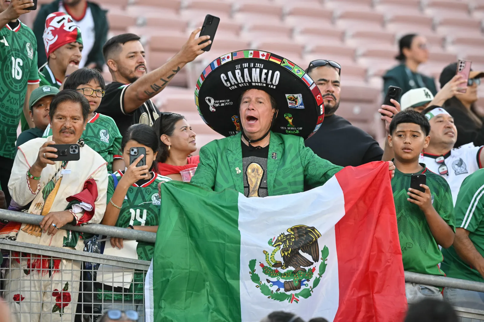 Fans of Mexico show their support during a friendly football match between Mexico and Australia at The Rose Bowl in Pasadena, California, on May 30, 2026. (Photo by Frederic J. Brown / AFP via Getty Images)