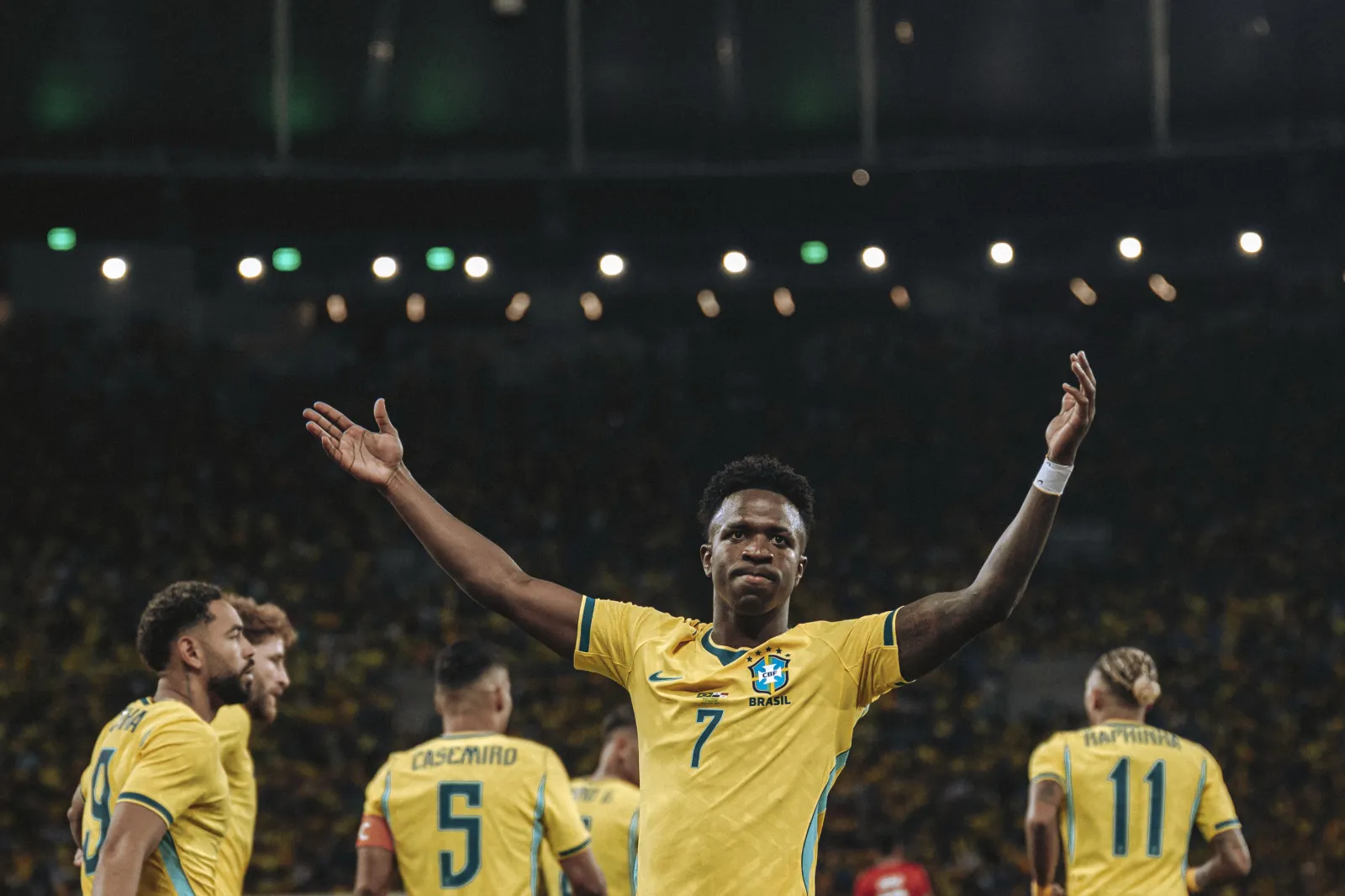 RIO DE JANEIRO, BRAZIL - MAY 31: Vinicius Junior of Brazil celebrates after scoring the team's first goal during the international friendly match between Brazil and Panama at Maracanã Stadium on May 31, 2026 in Rio de Janeiro, Brazil. (Photo by Yuri Laurindo/Sports Press Photo/Getty Images)