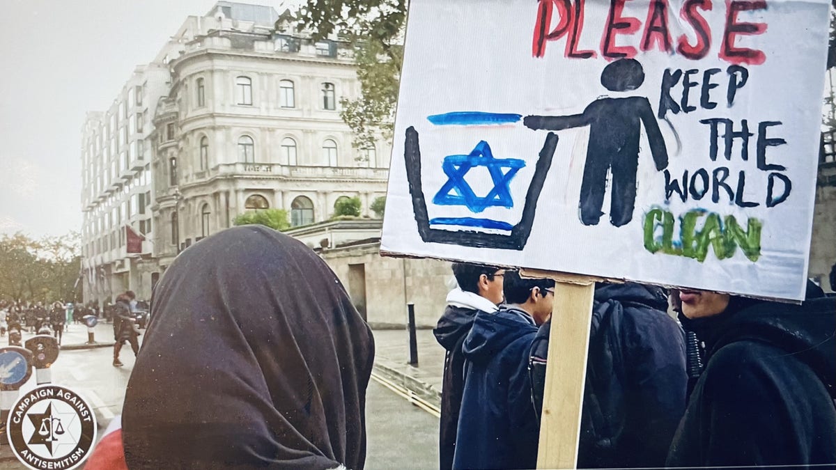 Antisemitic signs displayed at an anti-Israel protest in London