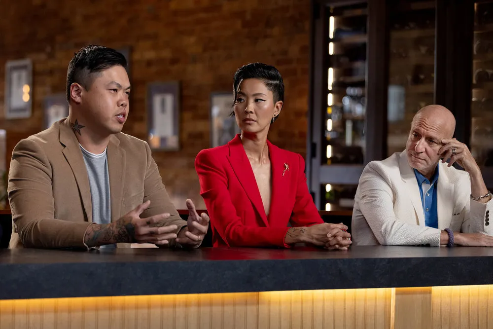 TOP CHEF -- "The Ultimate Dinner Party" Episode 2309 -- Pictured: (l-r) Shuai Wang, Kristen Kish, Tom Colicchio -- (Photo by: Paul Cheney/Bravo)