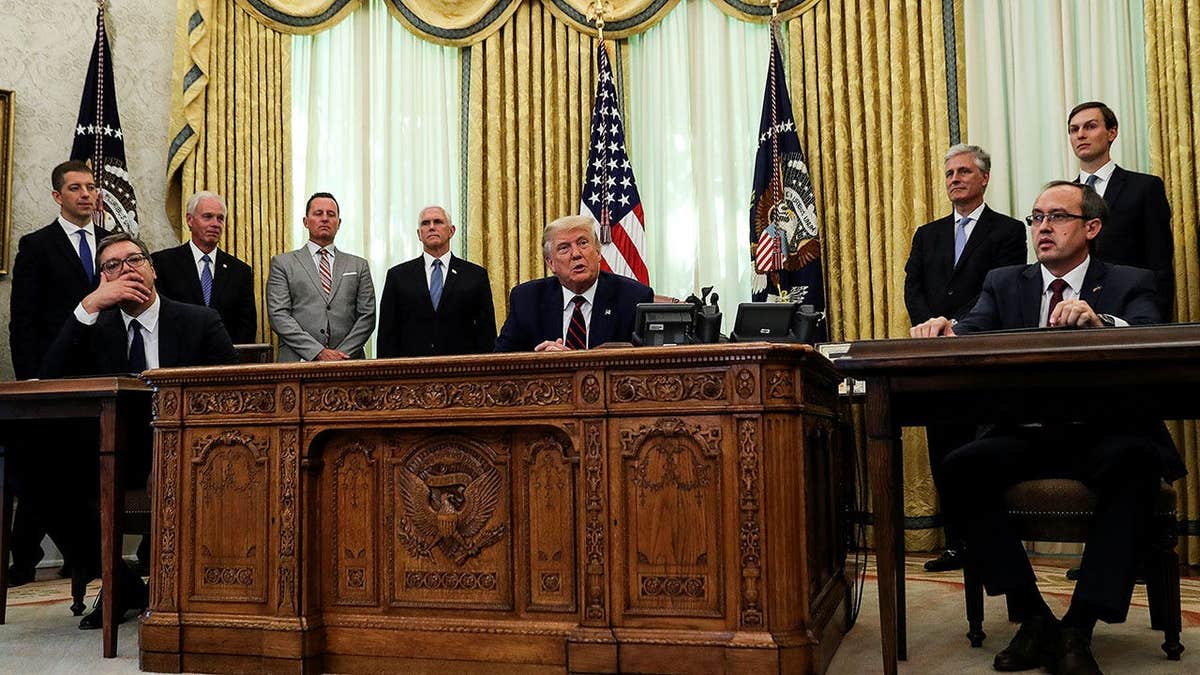 U.S. President Donald Trump speaks during a meeting with Serbia's President Aleksandar Vucic