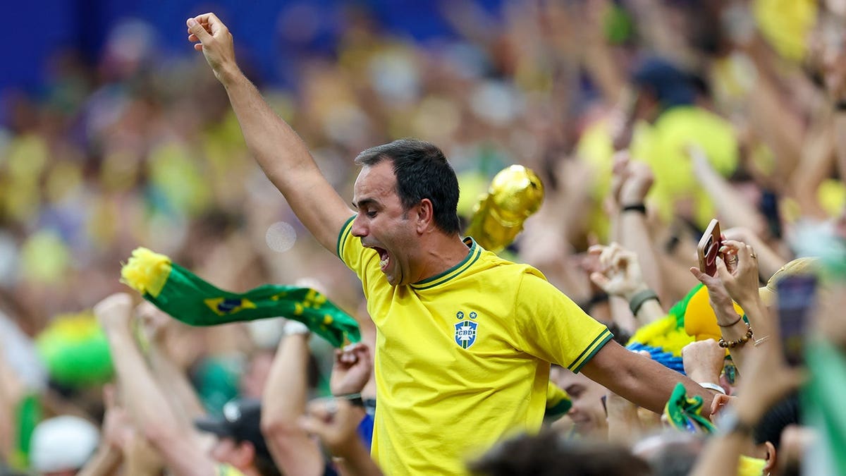 Supporters of Brazil celebrating during a FIFA World Cup match at Houston Stadium