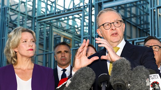 Prime Minister Anthony Albanese with Housing Minister Clare O’Neil and SA Premier Peter Malinauskas during the 2025 federal election spruiking his plan to build 1.2 million homes by mid-2029.