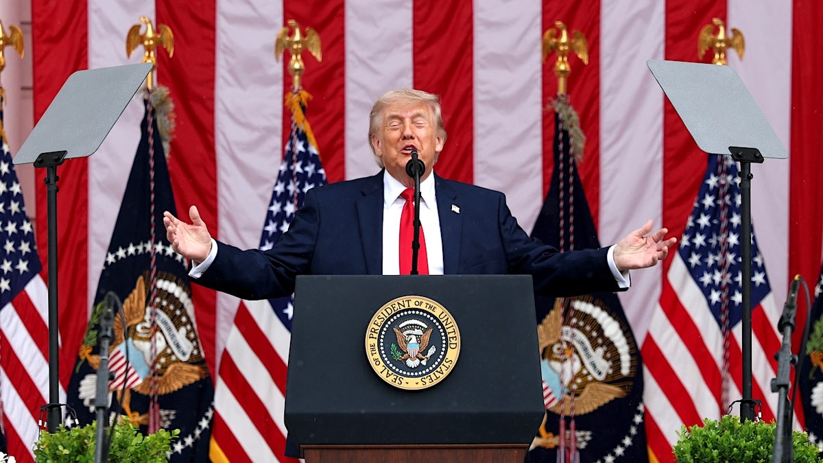 President Donald Trump delivering remarks at Arlington National Cemetery during Memorial Day ceremony