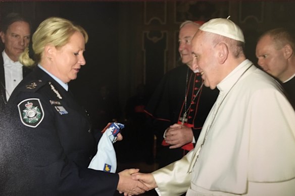 Queensland Human Rights Commissioner Debbie Platz, while in her role as an assistant commissioner with the Australian Federal Police, meeting Pope Francis.