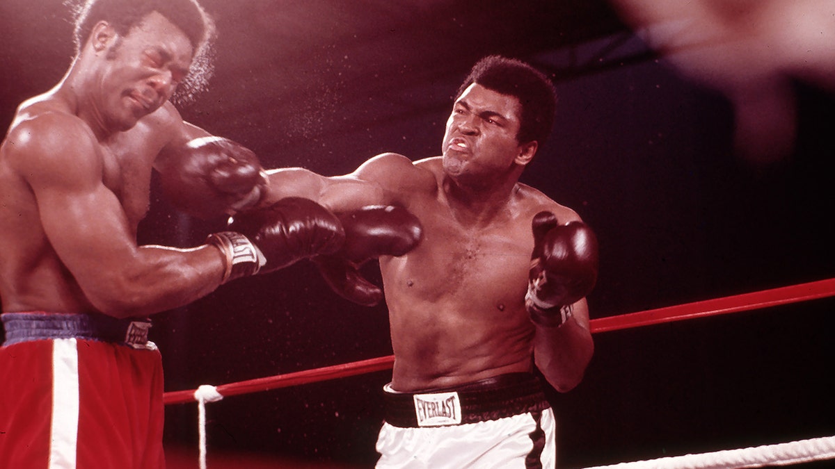 George Foreman and Muhammad Ali boxing in a ring at Stade du 20 Mai in Kinshasa