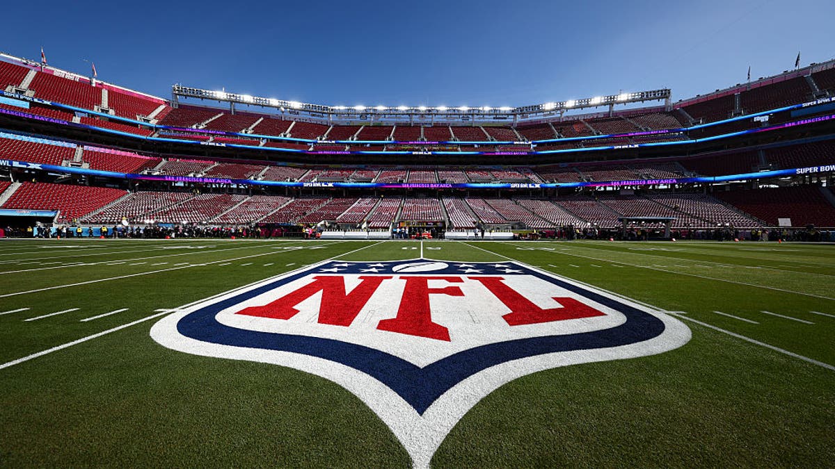 SANTA CLARA, CALIFORNIA - FEBRUARY 8: A general view of the NFL logo painted on the field prior to the NFL Super Bowl LX football game between the New England Patriots and the Seattle Seahawks at Levi's Stadium on February 8, 2026 in Santa Clara, California. (Photo by Kevin Sabitus/Getty Images)