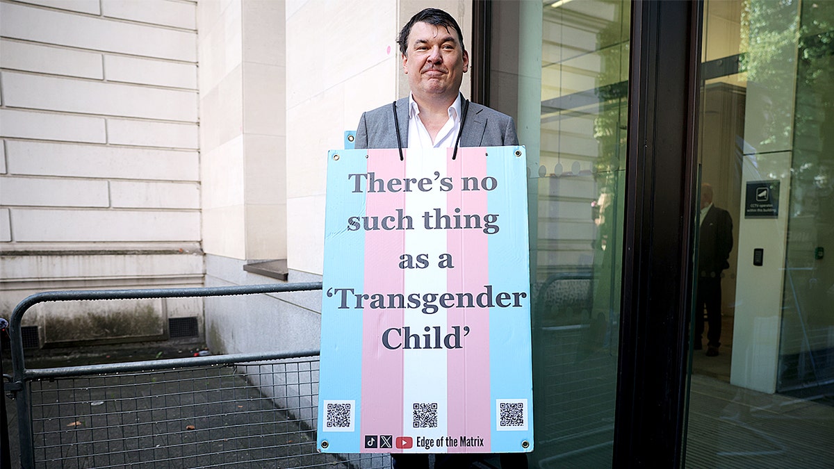Graham Linehan holding a placard reading there's no such thing as a transgender child outside Westminster Magistrates Court in London