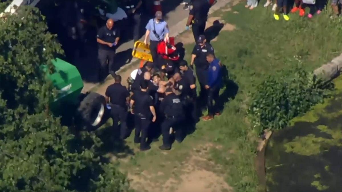 Police surround a petty larceny suspect in Central Park.