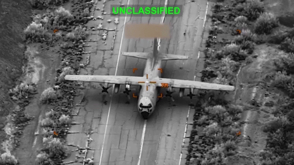 An airplane targeted in a military strike shown in footage shared by CENTCOM.