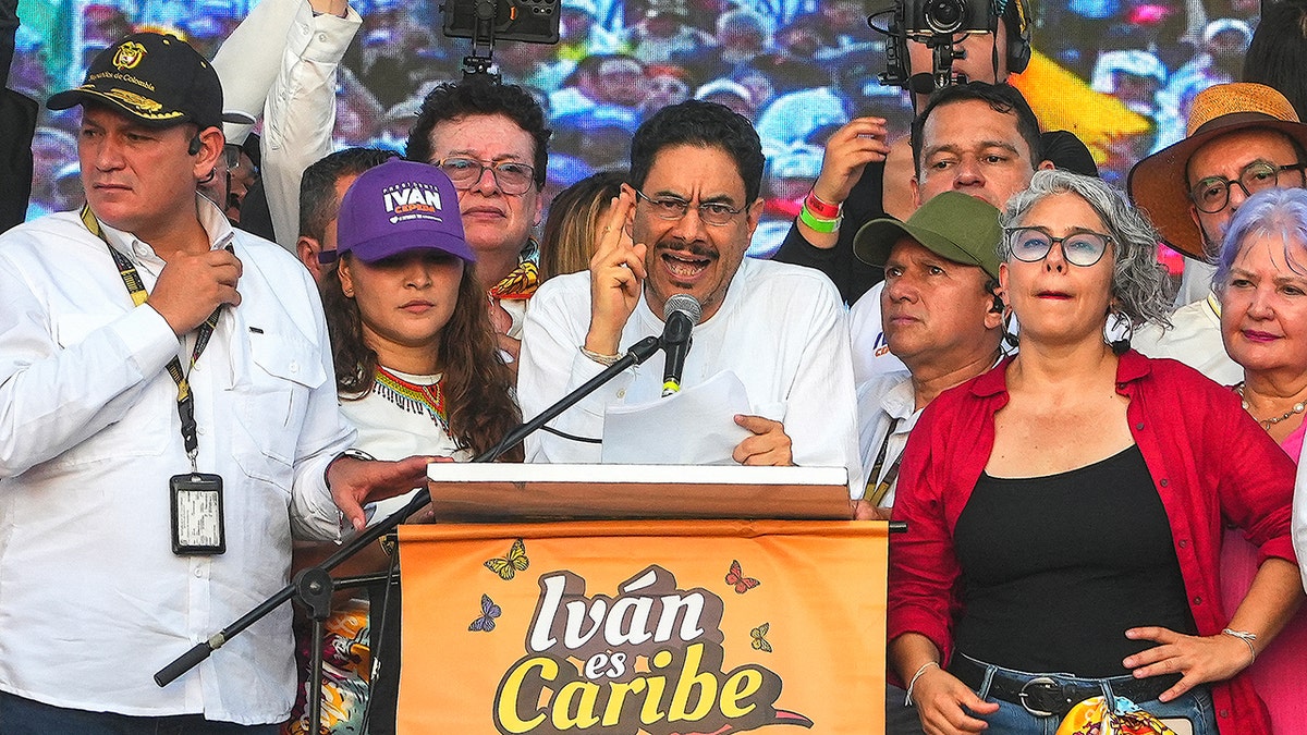Colombia's presidential candidate Ivan Cepeda speaking to supporters at a campaign rally in Barranquilla