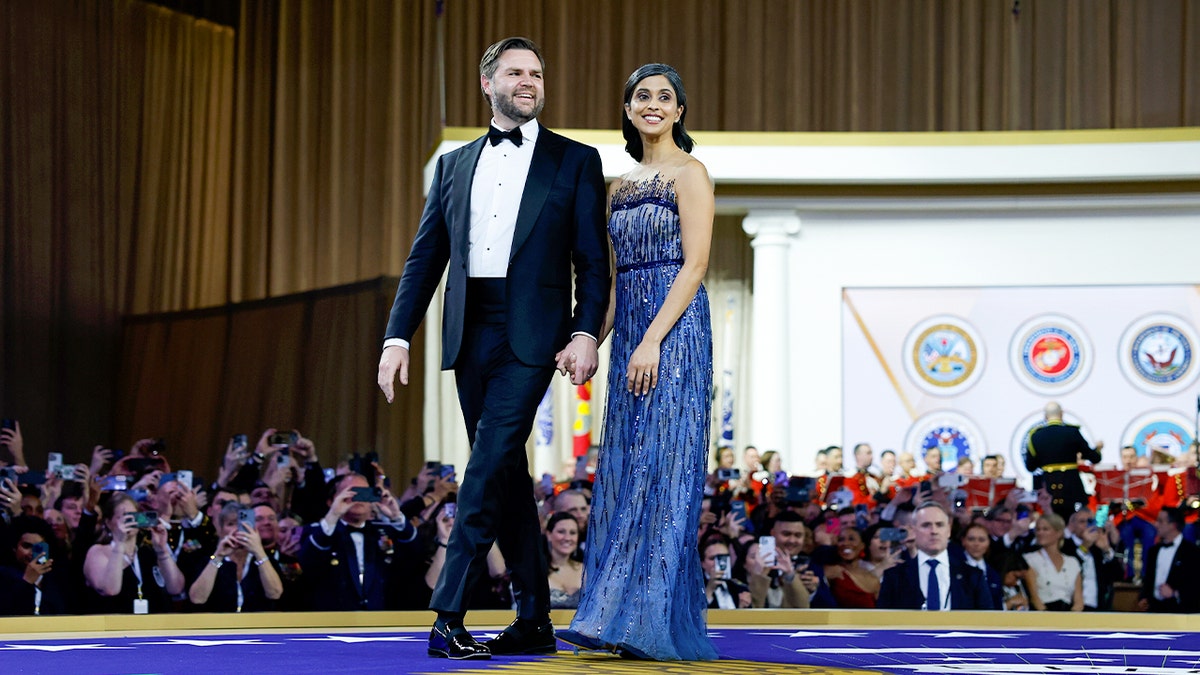 Vice President JD Vance and second lady Usha Vance hold hands at the Commander-in-Chief Ball